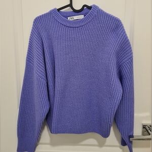 Zara Purple Crew Neck Sweater with Ribbed Knit Texture